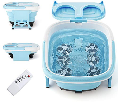 GOPLUS Bain de Pieds Pliable avec Massage Électrique, Bulles & Lumière Rouge, Température et Temps Minuterie(10-60Min), Masseur de Bain de Pieds avec Rouleaux de Massage Électriques et Télécommande