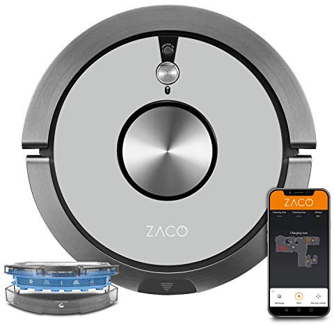ZACO A9sPro Robot Aspirapolvere con Funzione di Pulizia, App e Controllo Alexa, Mapping, Fino a 2 ore di Aspirazione o Pulizia, per Pavimenti Duri e Tappeti, con Stazione di Ricarica, Grigio