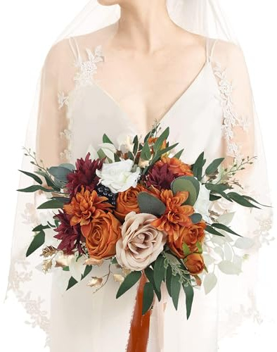 Rinlong Brautstrauß, 31,8 cm, gebrannter Orange, Herbst-Hochzeitssträuße für die Braut