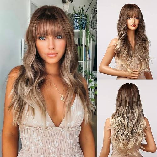Honygebia Perücke Ombre Braun mit Pony - Hellbraune Perücken für Damen, Braune Ash Lang Wellig, Frauen Natürliche Realistisches Synthetische Hitzeresistente Haar für Karneval/Cosplay/Mottoparty