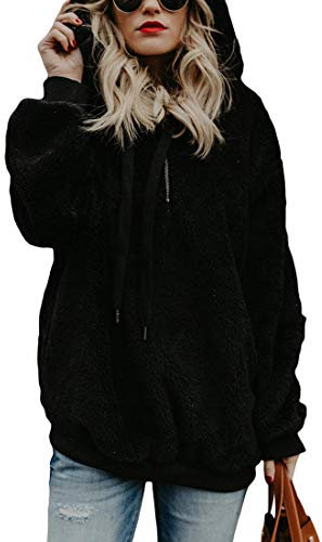 Durio Hoodie Damen Fleece Kapuzenpulli Teddy Fleece Pullover Decke Hoodie Oversize Sweaterpullover Winter Warm Schwarz XL