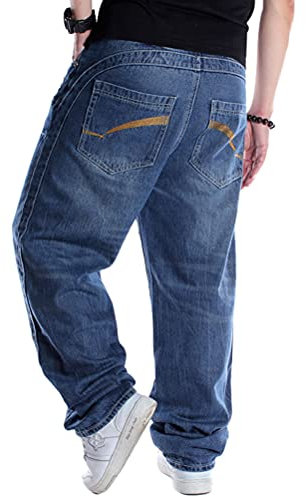 ORANDESIGNE Homme Hip Hop Jeans Style Hipster Graffitis Impression Baggy Jeans Urbain Skate Denim Pantalons Lâche Fit Jambe Droite Cargo Pantalon Rétro Broderie I Bleu Foncé XL