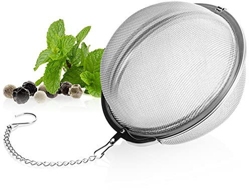 com-four® Teesieb aus rostfreiem Edelstahl 304 - großes Teeei für losen Tee, Kräuter und Gewürze - feinmaschiger Teefilter mit Kette - Gewürzsieb - Kräutersieb (1 Stück - 9 cm Ø)