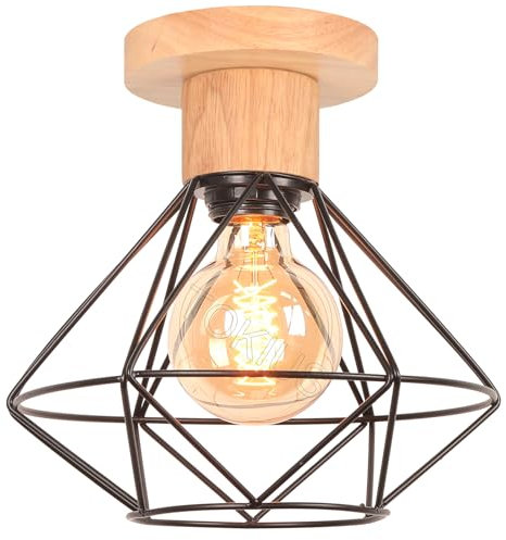 TOKIUS OKIUS Deckenlampe, 22CM Vintage Deckenleuchte im Industrial Design Retro E27 Lampe aus Holz und Eisen Käfig Pendelleuchte Schwarz (1 Stück Decke)