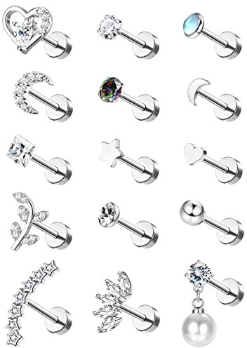 MILACOLATO 16G Piercing Ohr Ohrstecker Für Damen Edelstahl Opal Stern Perle Flache Rückseite Tragus Ohrringe Klein Silber, CZ Blume Piercing Labret Lippensteg Lappen Nase Ohrpiercing Schmuck 15Stück