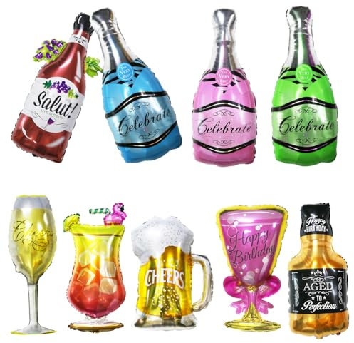 kukifun Champagner Flasche Luftballons 9 Stück,Folienballon Weinflasche,Champagner Whisky Flasche Weinglas Luftballon-Set,Aluminiumfolie Ballons für Geburtstag Urlaub Hochzeit Party Dekoration