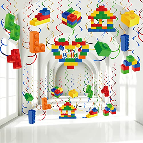 Faccito 51 Pcs Building Blocks Birthday Decorations Hanging Swirls | Building Block Theme Party Decor Colorful Paper Swirl Set for Brick Birthday Hanging Ceiling Decoration