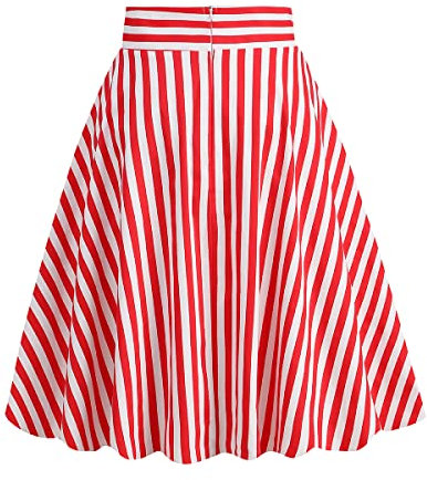Odizli Rock Damen Knielang Rockabilly Elegant A Linie Skirt Petticoat Röcke Tellerrock Faltenrock Vintage Streifen Swing 50er Jahre Retro Trachtenrock Festlich Kurz Sommerrock Rot Streifen XL