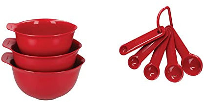 KitchenAid Mixing Bowl Set of 3, Plastic, Dishwasher Safe, Empire Red & Universal Measuring Spoon Set, Durable and Easy to Clean, Empire Red, Set of 5