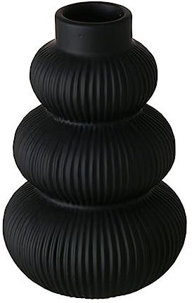 Blumenvase Schwarz Matt 21cm für Blumen Trockenblumen Pampasgras Boho Deko Rillenartige Verzierung aus Keramik Moderne Runde Vase