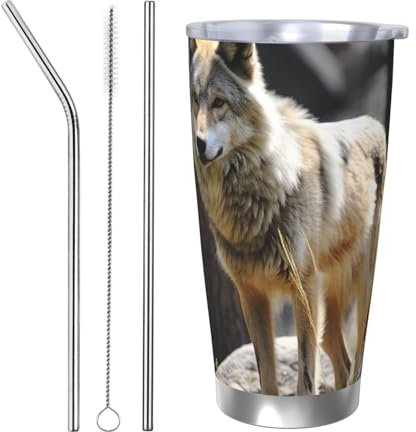 VducK Trinkbecher mit Deckel, Motiv: Wildtiere, Wolf, bedruckt, isoliert, wiederverwendbar, Edelstahl, Thermobecher, Reisebecher, isoliert für heiß und kalt, 590 ml