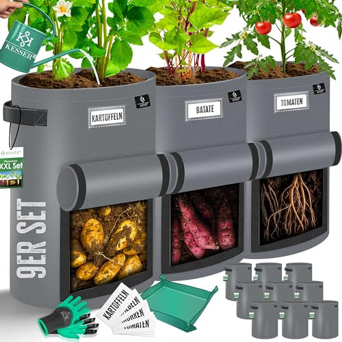 KESSER® Kartoffel-Pflanzsack 9-Set 27L | Kartoffel-Pflanzbeutel aus Vlies mit Namensschildern | Pflanztasche mit Fenster & Griffen | Kartoffelpflanzgefäß waschbar mit Handschuhen & Arbeitsmatte Grau