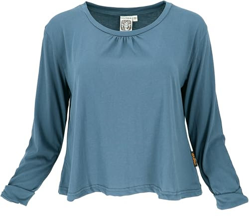 GURU SHOP Einfarbiges Basic Shirt, Lockeres Langarmshirt aus Biobaumwolle - Blau, Damen, Size:XL