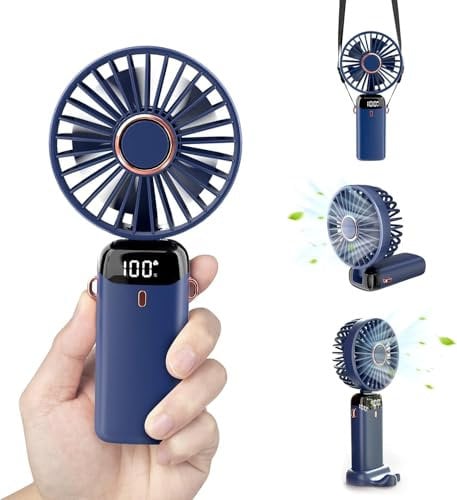 TECHFUN Mini Handheld Fan, Portable USB Rechargeable Fan with 5 Speeds, Foldable Desk Fan, LED Display, Long Battery Life for Home, Office, Travel (Blue)