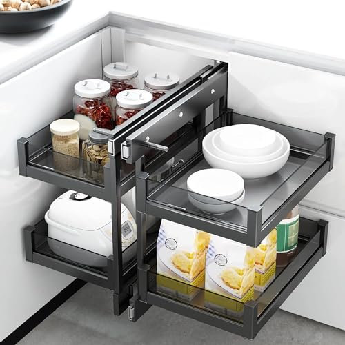 Moderno estante deslizante para almacenamiento, organizador de carrusel de esquina de cocina extraíble para latas, ollas, sartenes, solución de ahorro de espacio