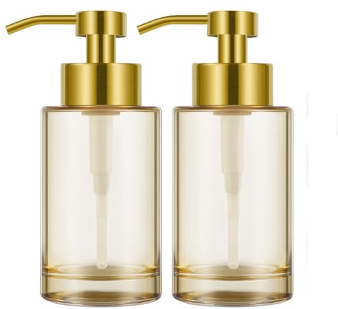 Gold Soap Dispenser 2Pack with Stainless Steel Pump,12oz Thick Glass Amber Hand Liquid Soap Dispenser,Refillable Clear Soap Dispenser with Label for Bathroom and Kitchen