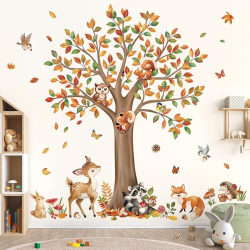 decalmile Stickers Muraux Grande Arbre Forêt Animaux Autocollant Mural Cerf Lapin Hiboux Décoration Murale Chambre Enfants Bébé Pépinière