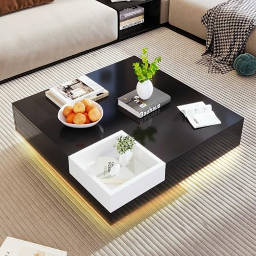 KOMHTOM Table Basse Moderne carrée à LED Table d'appoint Noire Brillante Meubles de Salon Table Salon