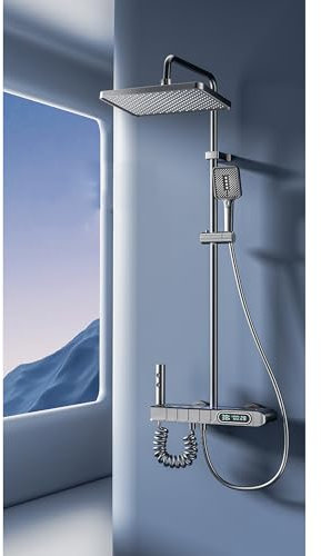 MocArt Duschsystem mit LED-Digitalanzeige, wassersparendem Duschkopf, 32 x 22 cm Regenbrause, 3-Modus-Handbrause, höhenverstellbarer Duschsäule, Metall grau