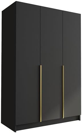 Mirjan24 Kleiderschrank mit Einlegeböden und Kleiderstange Cikzori I, Vielseitiger Drehtürenschrank, Elegantes Kleiderschrank 3-türig (Schwarz/Schwarz + Gold)