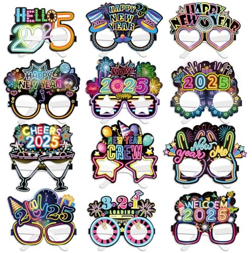 DPKOW Neon 2025 Silvester Brillen, 24 Stk Papier Brillen Happy New Year Partybrillen Neujahr Brillen für Silvester Accessoires 2025 Neon Silvester Party Zubehör Gadget Silvester Foto Requisiten