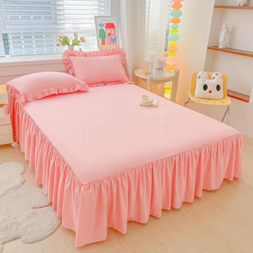 Highdi Betthusse Bettrock Bettvolant, Elastische Bettwäsche mit Rüschen Rüschen Bettwäsche mit Plattform, Bed Skirt Bettrock Umwickeln mit Elastischem Gürtel (180x200cm,Rosa)