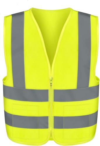 NEIKO Gilet de sécurité, 2 poches, haute visibilité, bandes réfléchissantes, jaune fluo, fermeture avant, ANSI/ISEA 107-2010 classe 2, enfants, unisexe, taille XS