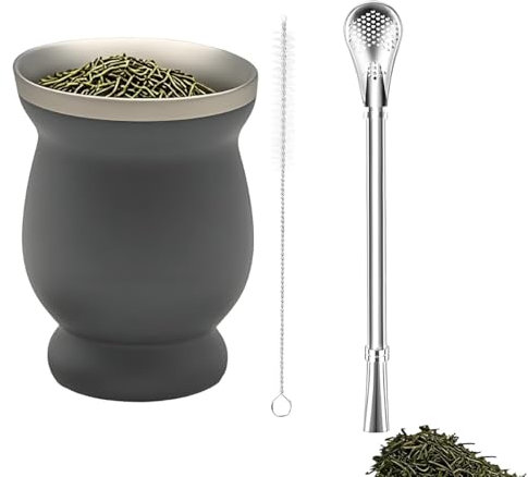 LJYING Stainless Steel Yerba Mate Cup 8oz - Double-Wall Gourd Design with Straw Spoon & Cleaning Brush, Yerba Mate Set for Mate Tea and Coffee (Gray)