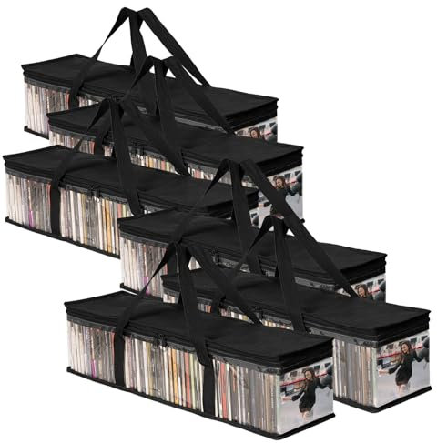 6 pcs DVD Storage Bags,Media Organizer Bag for DVDs, CDs, Blu Ray Disc, Movie Cases, VHS Box, Video Game Disks, Clear Plastic Holders with Carrying Handles and Zipper - Black