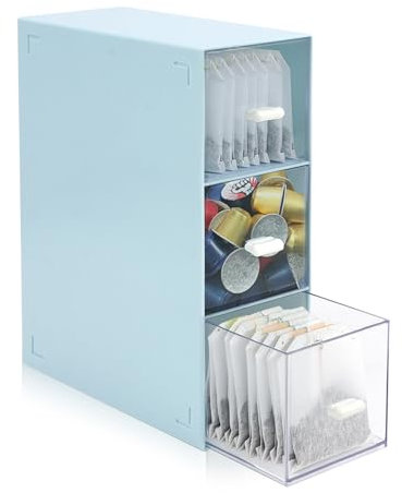 QZDAFFIC Teebox mit 3 Schubladen, Plastik Teeboxen für Teebeutel Kaffeepads Aufbewahrung, Teebeutel Organizer Teedosen für Losen Tee Kosmetische Kaffee Zucker Beutel Pantry (Blau)