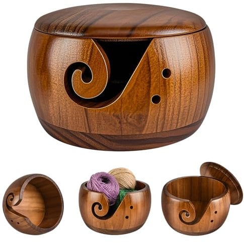 CEOTIS Wood Knitting Bowl with Lid,5.9 inch Yarn Bowl, Knitting Bowl Holder Wool Storage Bowl Bamboo Knitting Bowl Wool Holder Organizer Wool Bowl Storage Accessories for Knitting and Crochet Projects