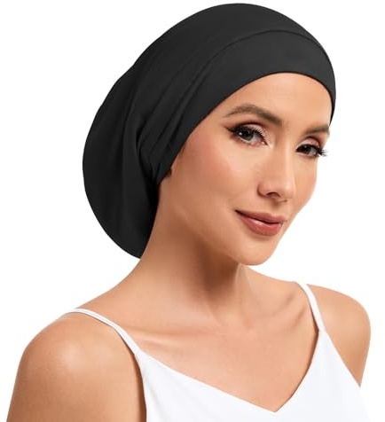 NatureKess Mulberry Silk Bonnet for Sleeping Women, 100% Silk Lining Hair Wrap for Sleep, Adjustable Slouchy Beanie Hat, Schwarz, Medium