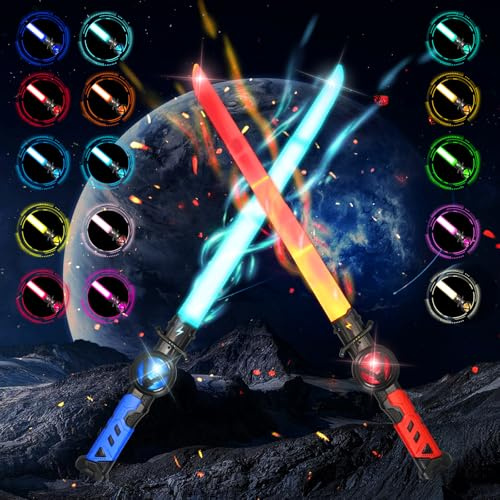 Meleager Lichtschwert, 2 Stück Retractable LED-Laserschwert(Blau+Rot) mit 15 Farben, Klang, 68CM, Wiederaufladbare, 2 in 1 Lichtschwerter für Halloween, Christmas, Karneval, Cosplay
