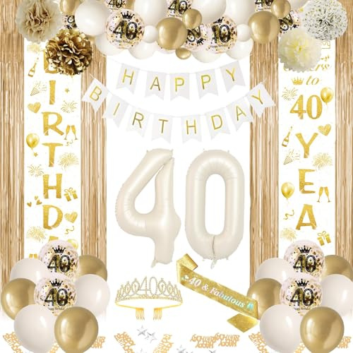 40 Geburtstag Deko Weiß Gold, 40. Party Mädchen Deko, Beige Gold Ballon Deko, Happy Birthday Girlande Tür Banner, Lametta Vorhänge, Geburtstags Schärpe für Frauen Mädchen 40 Geburtstag Deko