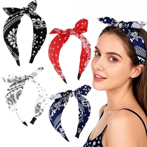 4 Stück Rockabilly Breit Stirnband, Haarreifen Paisley Damen Vintage Haarband mit Schleife, Rutschfest Rockabilly Haarschmuck Kopfbedeckung für Mädchen Frauen