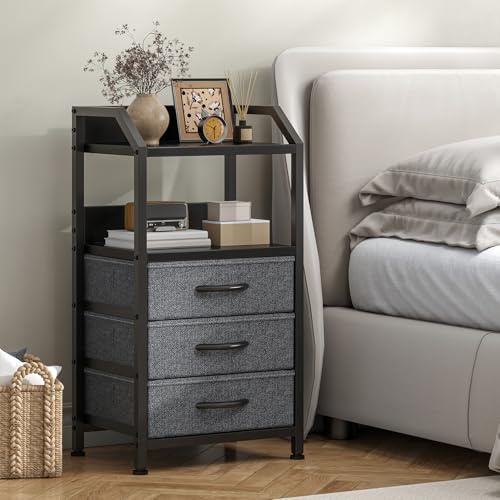 Feonase Bedside Table with 3 Fabric Drawers and Open Shelf, Nightstand for Bedroom, Living Room, Small Spaces – Metal Frame & Wooden Top, Compact Sofa End Table with Storage for Home Décor, Deep Grey