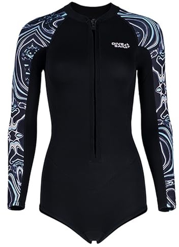 2MM Neoprene Wetsuit for Women, Long Sleeve One Piece Shorty Surf Suit Swimsuit with Front Zip for Surfing, Swimming, Diving, UPF 50+