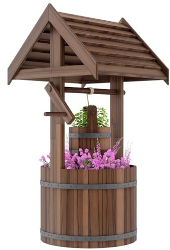 Jardinière Outsunny en bois en forme de puits à souhaits avec seau suspendu réglable, puits à souhaits rustique pour l'extérieur, jardinière décorative avec trou de drainage pour jardin ou terrasse,
