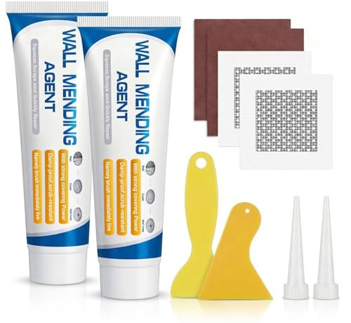 Wall Repair Kit With Ready-Mixed Filler for Walls & Self-Adhesive Patches | Quick-Drying White Filler & Self-Adhesive Patches for Holes, Cracks, Paint Damage & Ceilings. Includes Scrapers & Sandpaper