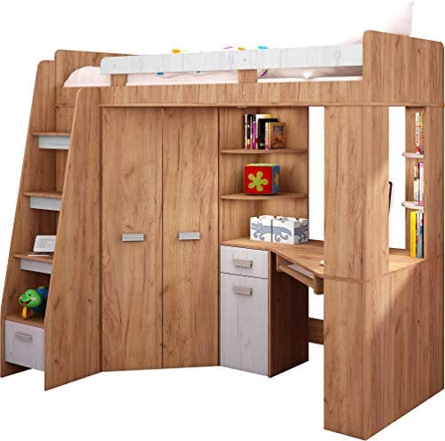 FurnitureByJDM Hochbett mit Schreibtisch, Schubladen, Regalen und Kleiderschrank - 80x200 cm Bettgröße - Linksseitige Treppe – ANTRESOLA (Craft Gold/Craft White)