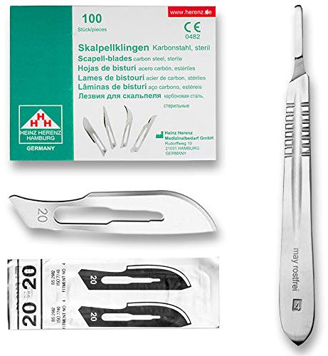 Set avec 100 x lames de scalpel N° 20 - Lame stérile en acier au carbone et 1 x manche de scalpel Figure N° 4 en acier inoxydable