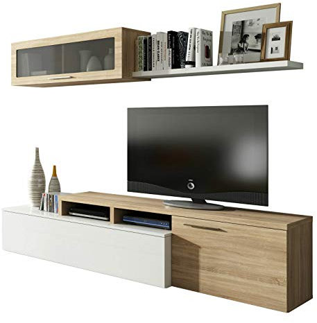 EGLEMTEK Parete Attrezzata Soggiorno Moderna Salotto con Mobile TV Modulo Sospeso Con Anta in Vetro Fumé E Mensola Stile Scandinavo Moderno 200 x 43 x 41 Cm Bianco e Rovere
