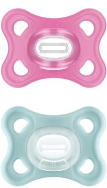 MAM Comfort Schnuller im 2er-Set, besonders kleiner und leichter Baby Schnuller für Neugeborene aus 100% Silikon, mit weichem MAM SkinSoft Saugteil & Schnullerbox, 0-6 Monate, pink/mint