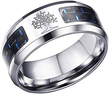 PAMTIER Hommes 8MM Arbre de La Vie Carbone Fibre Acier Inoxydable Bague Argent Tallie 65
