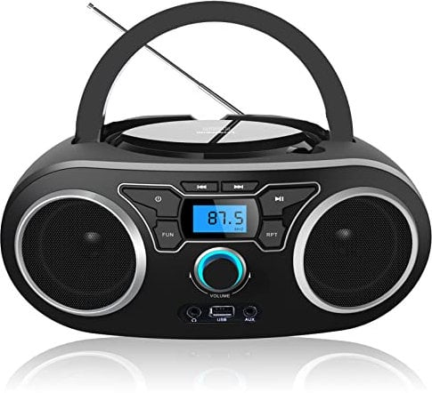WISCENT Lettore CD Boombox Portatile - Stereo con Radio FM, Ingresso Bluetooth, USB, AUX, Uscita Auricolari, Audio Domestico Compatto, AC o Alimentato a Batteria