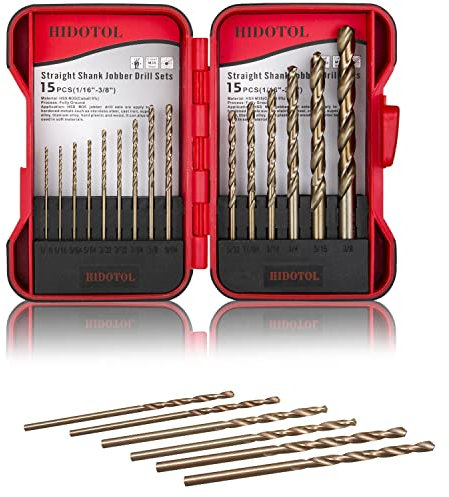 HIDOTOL Cobalt Drill Bit Set 15 PCS - M35 High Speed Steel Twist Jobber Length Drill Bits for Hardened Metal, Stainless Steel, Cast Iron, Plastic and Wood with Indexed Storage Case, 1/16-3/8
