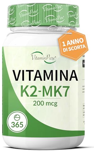 VitaminPure - Vitamina K2 MK7 200µg ad Alto Dosaggio, 365 Micro-Compresse di Origine Naturale (Natto), Scorta 1 Anno, Vit K2 MK-7 All Trans Menachinone