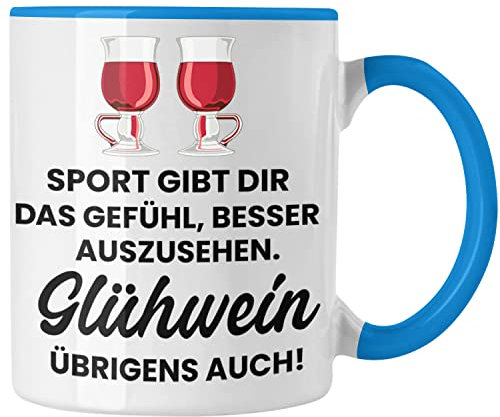 Trendation - Glühwein Tasse Lustig Spruch Glühweinbecher mit Henkel Doppelwandig Glühweintassen Gläser Weihnachtsmarkt Becher Tassen Geschenk (Blau)