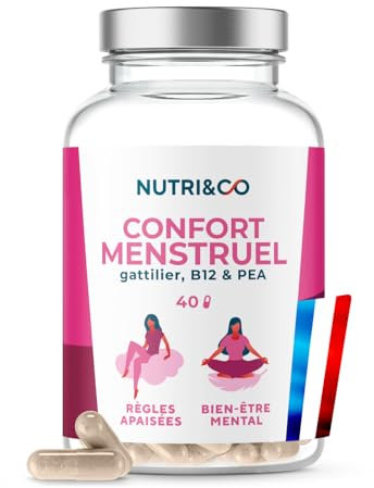 NUTRI & CO Confort Menstruel - PEA pour Règles Douloureuses & Gattilier Syndrome Prémenstruel SPM, Règles Apaisées & Bien Être Mental - Vitamine B12, Magnésium - 40 gélules Vegan - Fabriqué en France
