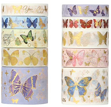 LGEGE 10 Rollen ästhetisches Washi Tape Set, 30/15/10 mm breit, Schmetterlings-Show, goldblockierendes japanisches Abdeckband,Dekor für Scrapbook,DIY Handwerk,Bullet Journal, Planer,Schreibwaren (3 m)